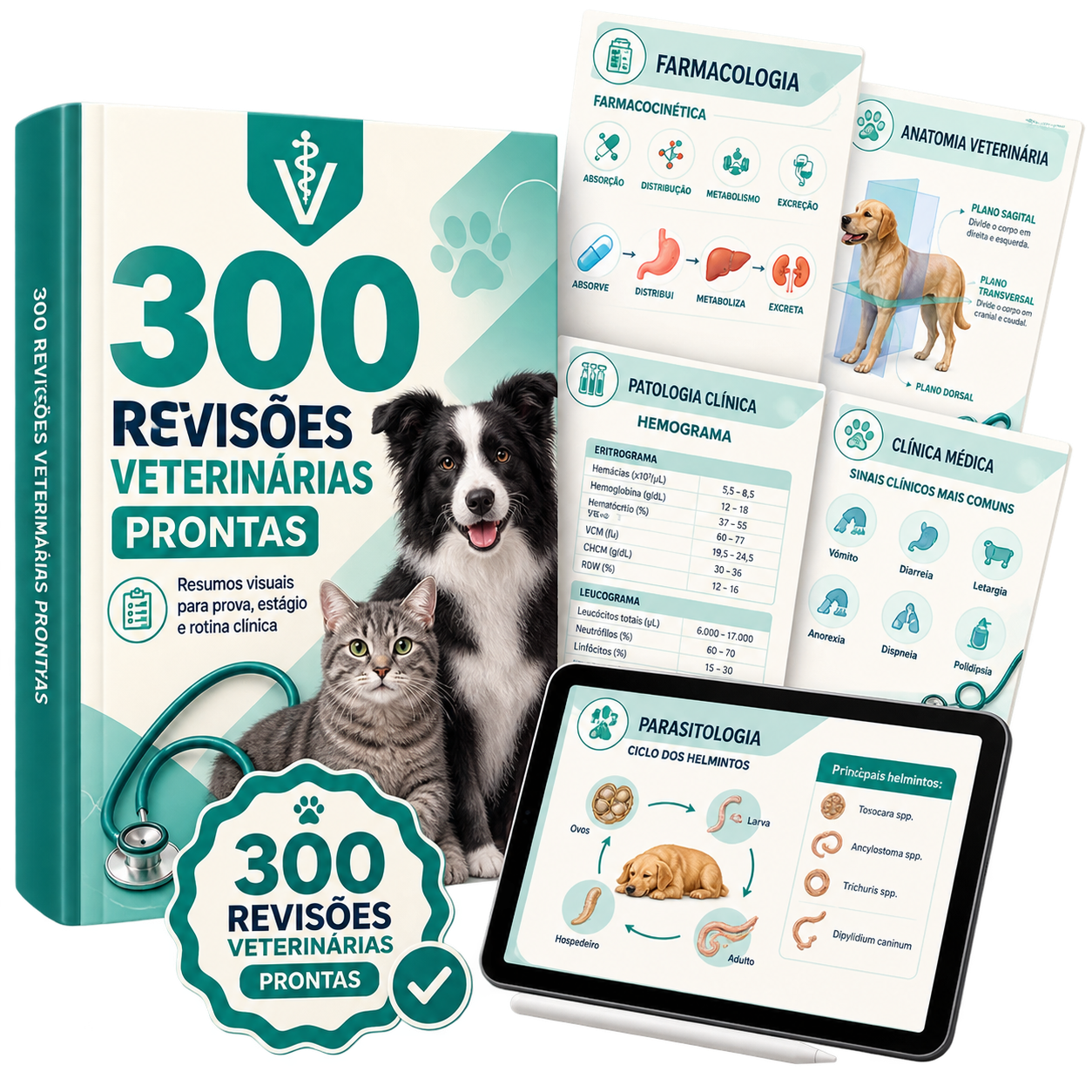 Capa do material 300 Revisões Veterinárias Prontas com páginas de exemplo